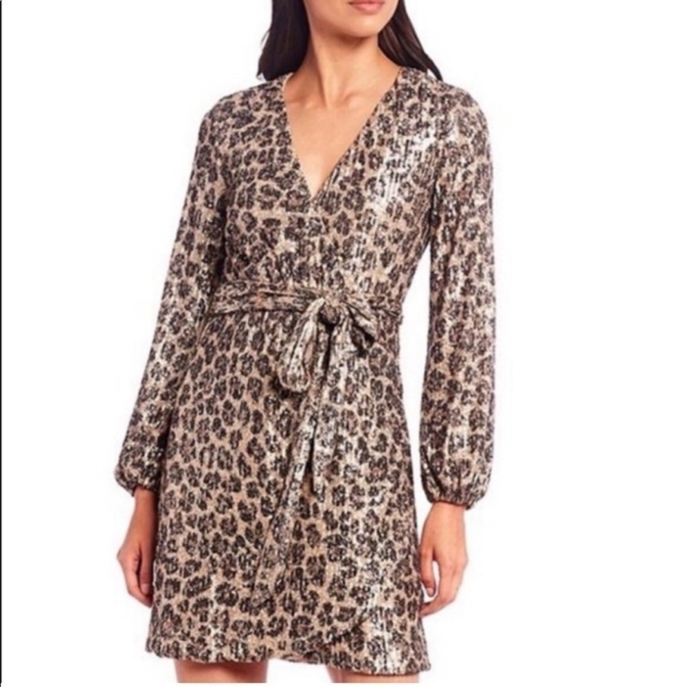 Gianni Bini Moor Leopard Animal Print Sequin Wrap Mini Dress XS